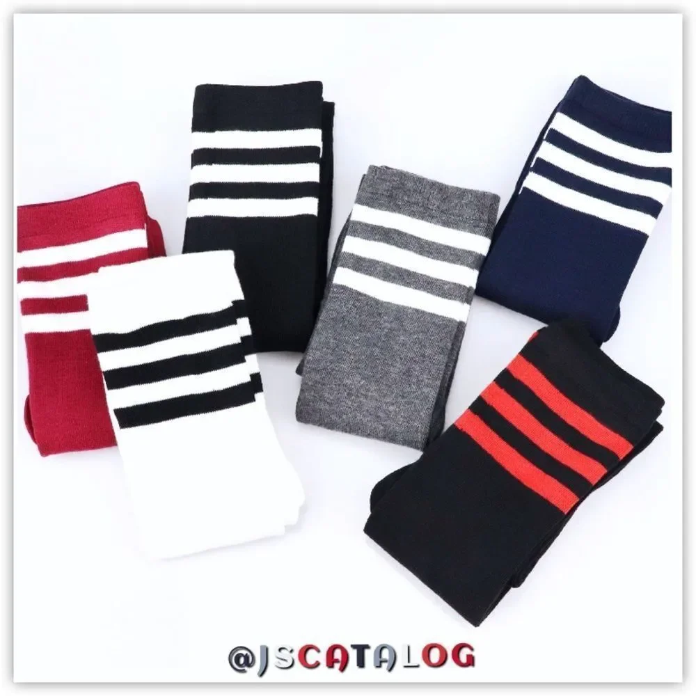 Charcoal w/ White Stripes Cotton Thigh High Socks